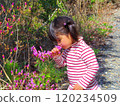 Girl smelling a flower 120234509