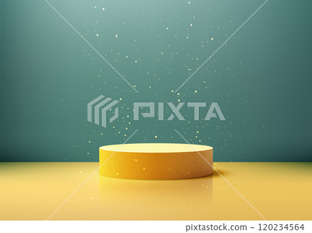 3D Bright Yellow Circular Podium on Yellow Floor with Blue Backdrop and Floating Golden Sparkles for Product Displays and Modern Showroom Mockups 3D Bright Yellow Circular Podium on Yellow Floor with Blue Backdrop and Floating Golden Sparkles for Product Displays and Modern Showroom Mockups 120234564