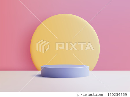 3D Blue Podium with Yellow Circle Backdrop on Pink Wall, Minimal and Modern Display for Product Mockups and Showcase 120234569