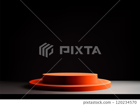 3D Orange Two Tiered Podium on White Surface with Black Background for Product Display and Mockup 3D Orange Two Tiered Podium on White Surface with Black Background for Product Display and Mockup 120234570