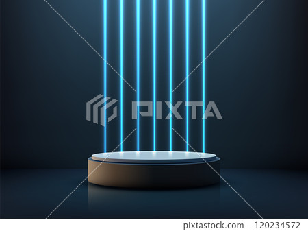 3D Neon Circular Podium with Vertical Blue Lights on Reflective Surface for Modern Technology Showcase and Product Display 3D Neon Circular Podium with Vertical Blue Lights on Reflective Surface for Modern Technology Showcase and Product Display 120234572