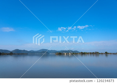 Copy space of the tranquil Nishino Lake and blue sky in late autumn Copy space of the tranquil Nishino Lake and blue sky in late autumn 120234873