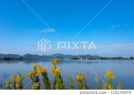 Copy space of the tranquil Nishino Lake and blue sky in late autumn Copy space of the tranquil Nishino Lake and blue sky in late autumn 120234879