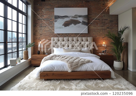 Bedroom with brick walls and bed with white comforter and pillows in an elegant style with a large window 120235096