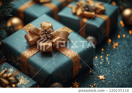 Blue gift box with gold ribbons and pine cones, surrounded by Christmas decorations 120235118