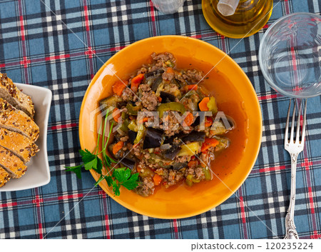 Delicious vegetable stew with minced meat, served for dinner Delicious vegetable stew with minced meat, served for dinner 120235224