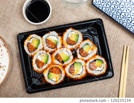 California roll masago caviar with cheese avocado and salmon California roll masago caviar with cheese avocado and salmon 120235234