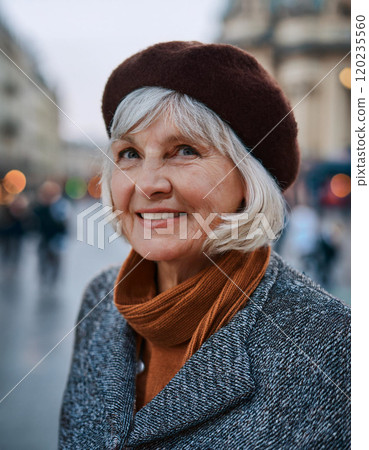 Timeless Charm: Radiant Elderly Woman in Soft Urban Scene, Embracing Life's Simple Joys Timeless Charm: Radiant Elderly Woman in Soft Urban Scene, Embracing Life's Simple Joys 120235560