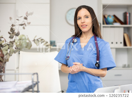 Woman doctor standing inside office, looking at camera Woman doctor standing inside office, looking at camera 120235722