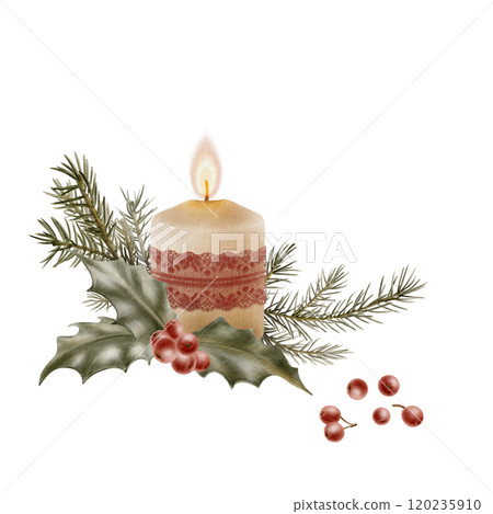 Vintage wax candle in Christmas arrangement with flame,red openwork lace ribbon,holly,berries and spruce sprigs.Hand drawn illustration isolated on white background for greetings,cards and invitations Vintage wax candle in Christmas arrangement with flame,red openwork lace ribbon,holly,berries and spruce sprigs.Hand drawn illustration isolated on white background for greetings,cards and invitations 120235910