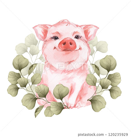 Cute watercolor pig. Floral animal illustration 120235929