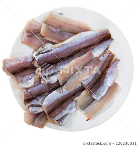 Raw whiting fish fillet on plate with greens and garlic Raw whiting fish fillet on plate with greens and garlic 120236031