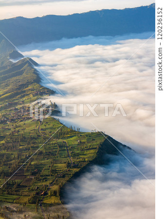 Village and Cliff at Bromo Volcano in Tengger Semeru, Java, Indonesia 120236152