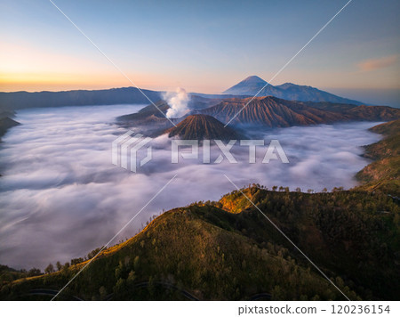 Aerial drone view of Bromo active volcano with Kingkong hill viewpoint, Tengger Semeru national park, East Java, Indonesia 120236154