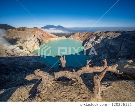 Aerial view of mount Kawah Ijen volcano crater at sunrise, East Java, Indonesia 120236155