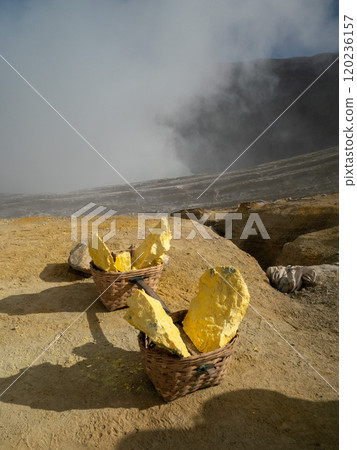 Raw Sulfur in a basket after mining, Kawa Ijien volcanic crater, Indonesia Raw Sulfur in a basket after mining, Kawa Ijien volcanic crater, Indonesia 120236157