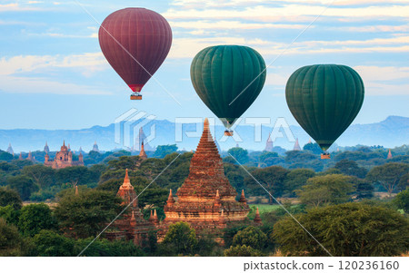 Balloon over plain of Bagan in misty morning, Myanmar 120236160