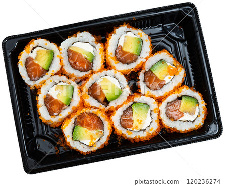 California roll masago caviar with cheese avocado and salmon California roll masago caviar with cheese avocado and salmon 120236274