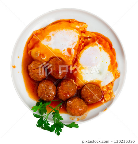 Smoked Spanish albondigas, meatballs cooked with scrambled eggs Smoked Spanish albondigas, meatballs cooked with scrambled eggs 120236350