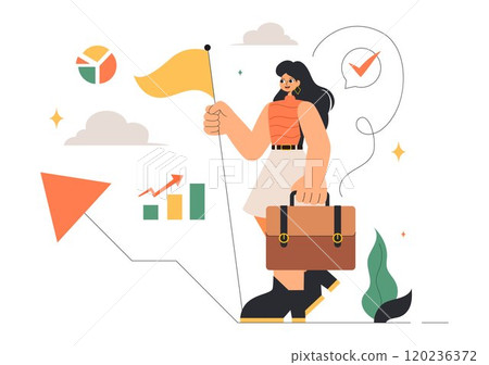 Vector Illustration of Women Leaders in Business, featuring a Female Leader in Meetings Focused on Career Growth, Victory, and Goal Achievement 120236372