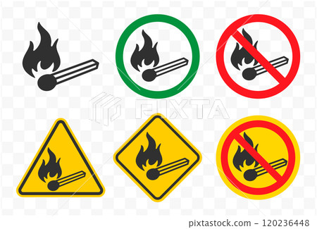 No open fire, no smoking icon symbol. No open flame sparkle logo sign. Not allowed, do not make fire. Prohibition, Prohibited, forbidden. Vector illustration. Isolated on white background. No open fire, no smoking icon symbol. No open flame sparkle logo sign. Not allowed, do not make fire. Prohibition, Prohibited, forbidden. Vector illustration. Isolated on white background. 120236448