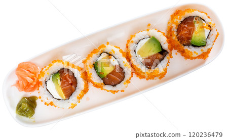 Japanese dish california roll masago with salmon, avocado, cheese and caviar closeup Japanese dish california roll masago with salmon, avocado, cheese and caviar closeup 120236479