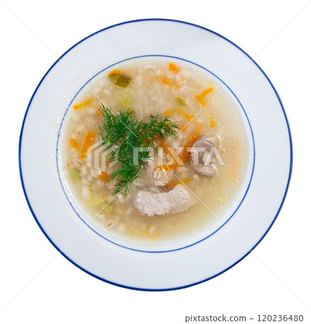 Taste soup made of pickled cucumbers decorated with greens served with bread and sour cream 120236480