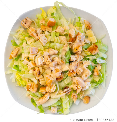 Caesar salad with chicken served on plate 120236488