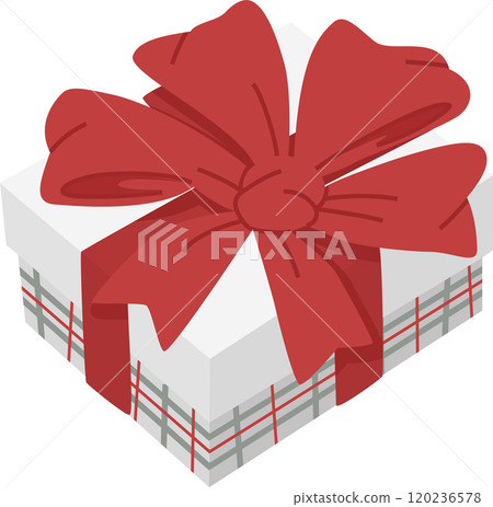 grey gift box in red and grey check with red bow 120236578