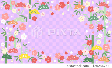 Cute pine, bamboo and plum frame material (purple checkered background) 120236762
