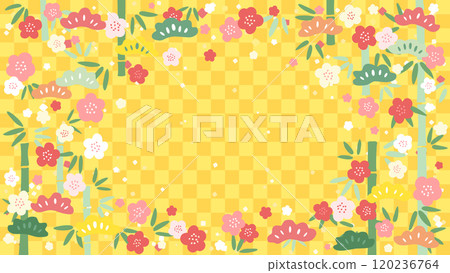 Cute pine, bamboo and plum frame material (yellow checkered background) 120236764