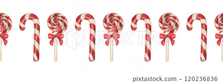 Seamless border with lollipops, spiral and bow. Christmas sweets are hand-drawn with watercolor on a white background. For the design of holiday cards, invitations, packaging, textiles 120236836
