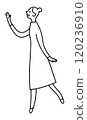 A young woman walking while raising one hand in greeting, monochrome line drawing 120236910