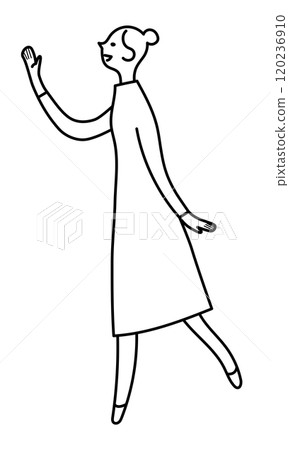 A young woman walking while raising one hand in greeting, monochrome line drawing 120236910