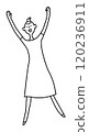 A young woman jumping with her arms and legs spread apart, monochrome line drawing 120236911