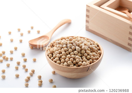 Soybeans in a wooden bowl 120236988