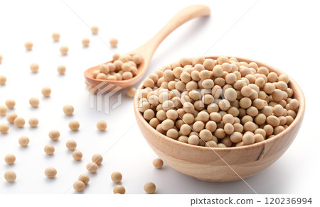 Soybeans in a wooden bowl 120236994