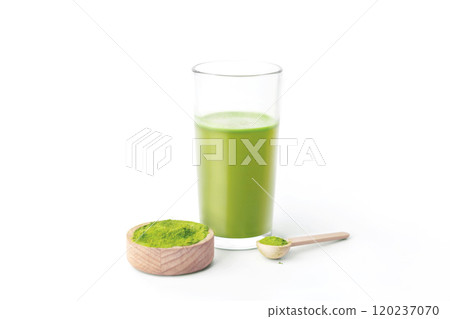 Glass with green healthy wheatgrass juice isolated on white background photo 120237070