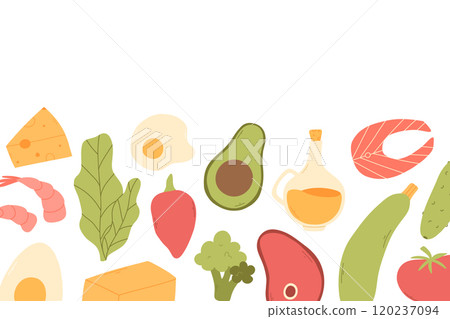 Set of keto diet elements. Vector illustration. Flat style. Keto diet food. 120237094