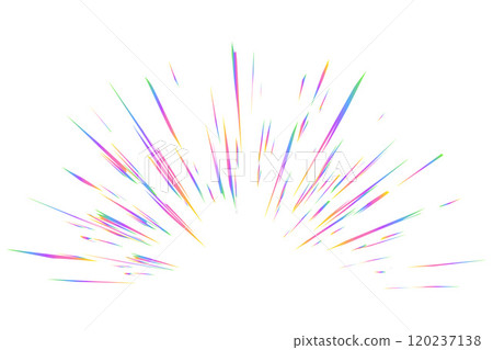 Light burst with rainbow prism effect. Halo flare sparkles of crystal on white background. Vector radial holographic color explosion. Comic speed lines glare beams with sparks and neon reflection. 120237138