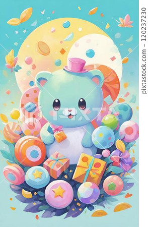 A bear playing among colorful balloons 120237230