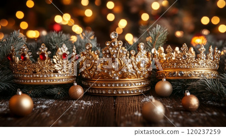 Golden crowns with gemstones surrounded by Christmas ornaments and pine branches. Three Kings Day 120237259