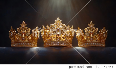 Three golden, intricately designed crowns illuminated in dark background. Three Kings Day, Epiphany Three golden, intricately designed crowns illuminated in dark background. Three Kings Day, Epiphany 120237263