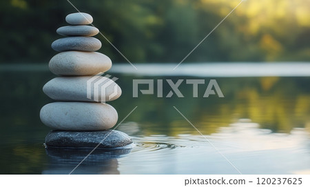 A serene stack of smooth stones balanced on a rock in tranquil water during early morning light 120237625