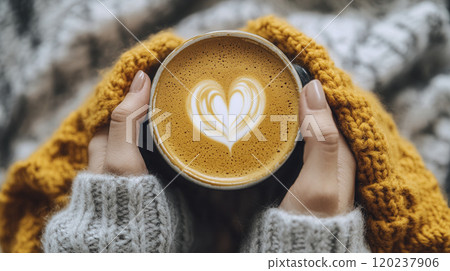 A cozy moment with a warm cup of latte art in hands wrapped in a chunky knit blanket during a chilly afternoon 120237906