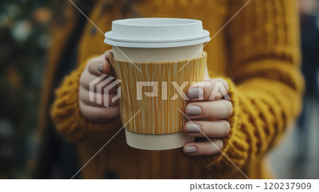 Warm beverage in cozy hands on an autumn day in a vibrant outdoor setting with colorful foliage surrounding Warm beverage in cozy hands on an autumn day in a vibrant outdoor setting with colorful foliage surrounding 120237909