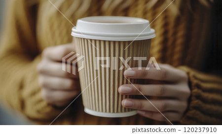 A person in a knitted sweater holds a takeaway coffee cup on a chilly day, enjoying a warm beverage outdoors in a cozy atmosphere A person in a knitted sweater holds a takeaway coffee cup on a chilly day, enjoying a warm beverage outdoors in a cozy atmosphere 120237910
