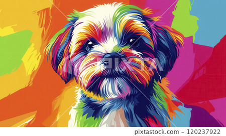 A colorful and vibrant illustration of a playful dog against a lively background of bright hues and energetic patterns 120237922
