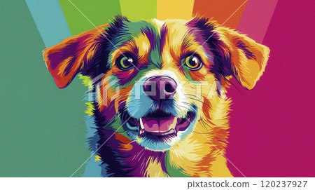 Vibrant and colorful portrait of a cheerful dog against a rainbow backdrop 120237927