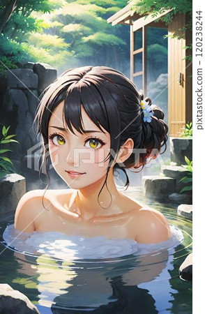 A young woman taking a leisurely open-air bath A young woman taking a leisurely open-air bath 120238244